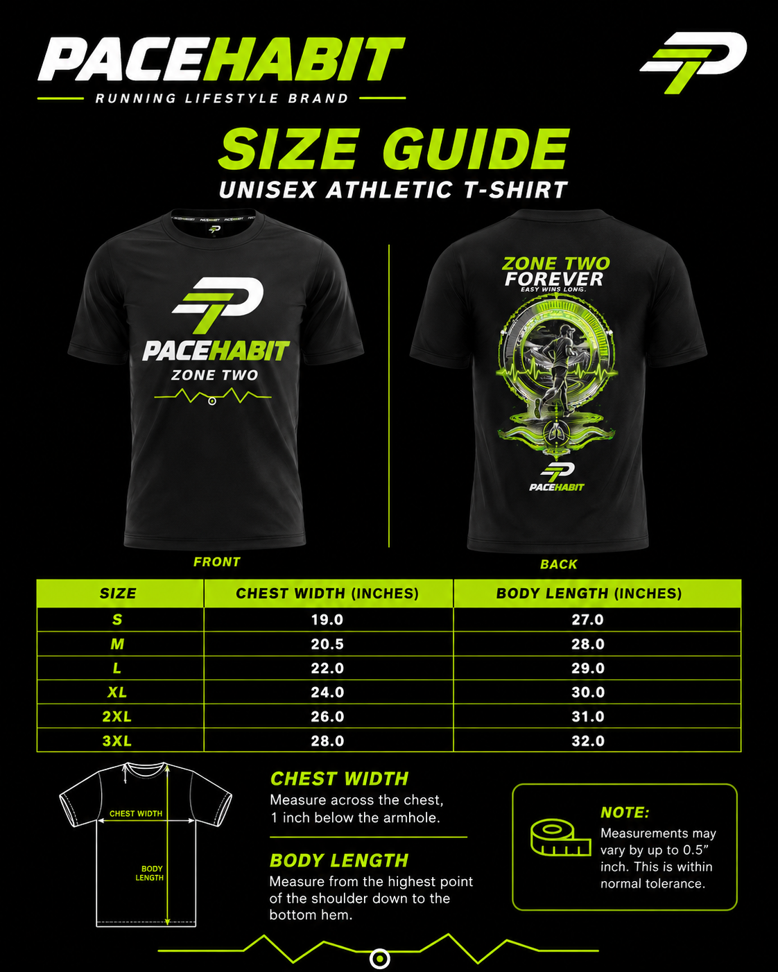 PACEHABIT Zone Two Forever unisex running tee size guide
