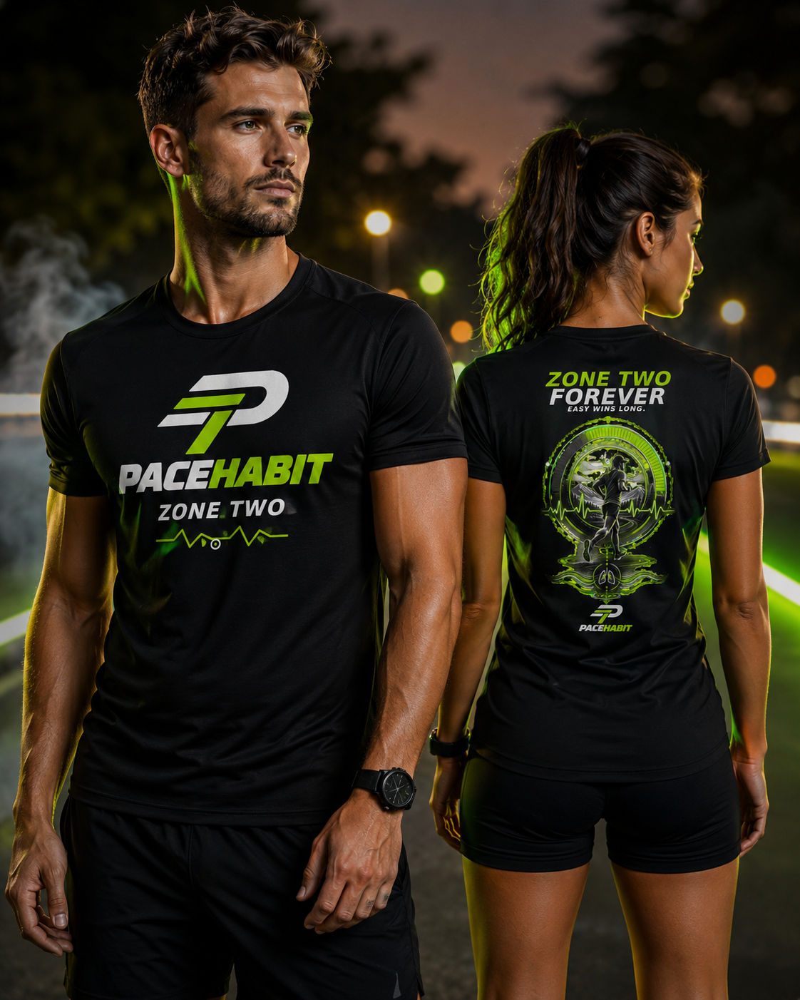 PACEHABIT Zone Two Forever unisex running tee fit on male and female models
