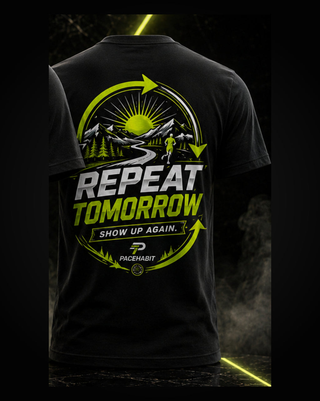 PACEHABIT Repeat Tomorrow Running Tee black running tee back view with full artwork