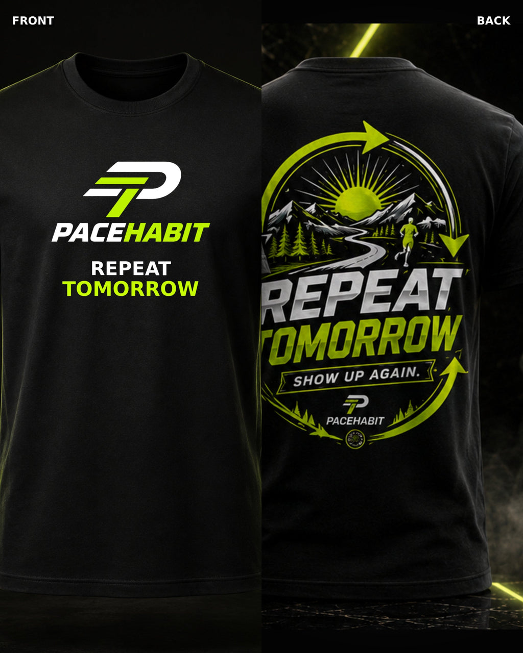 PACEHABIT Repeat Tomorrow Running Tee black running tee front and back product view
