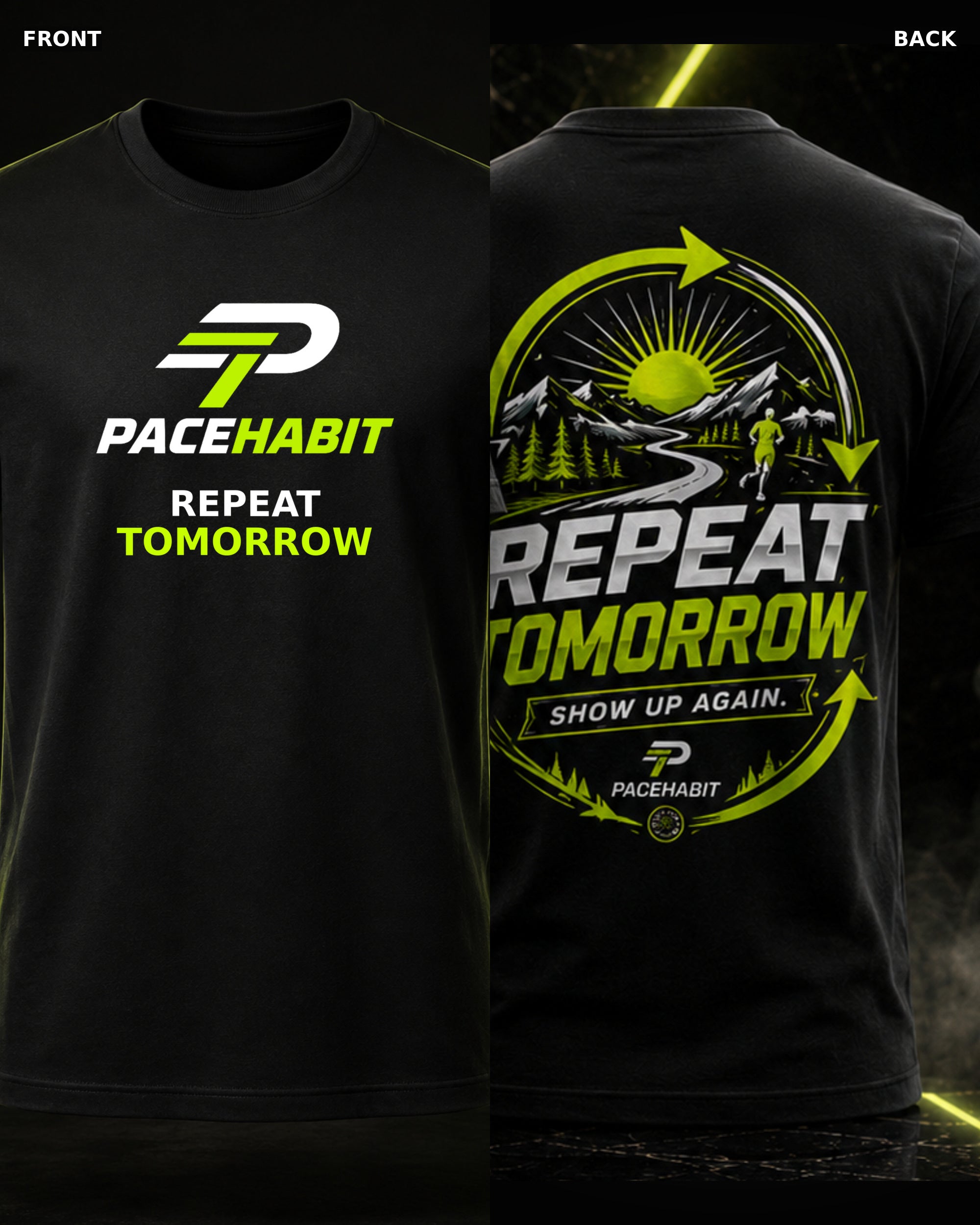 PACEHABIT Repeat Tomorrow Running Tee black running tee front and back product view