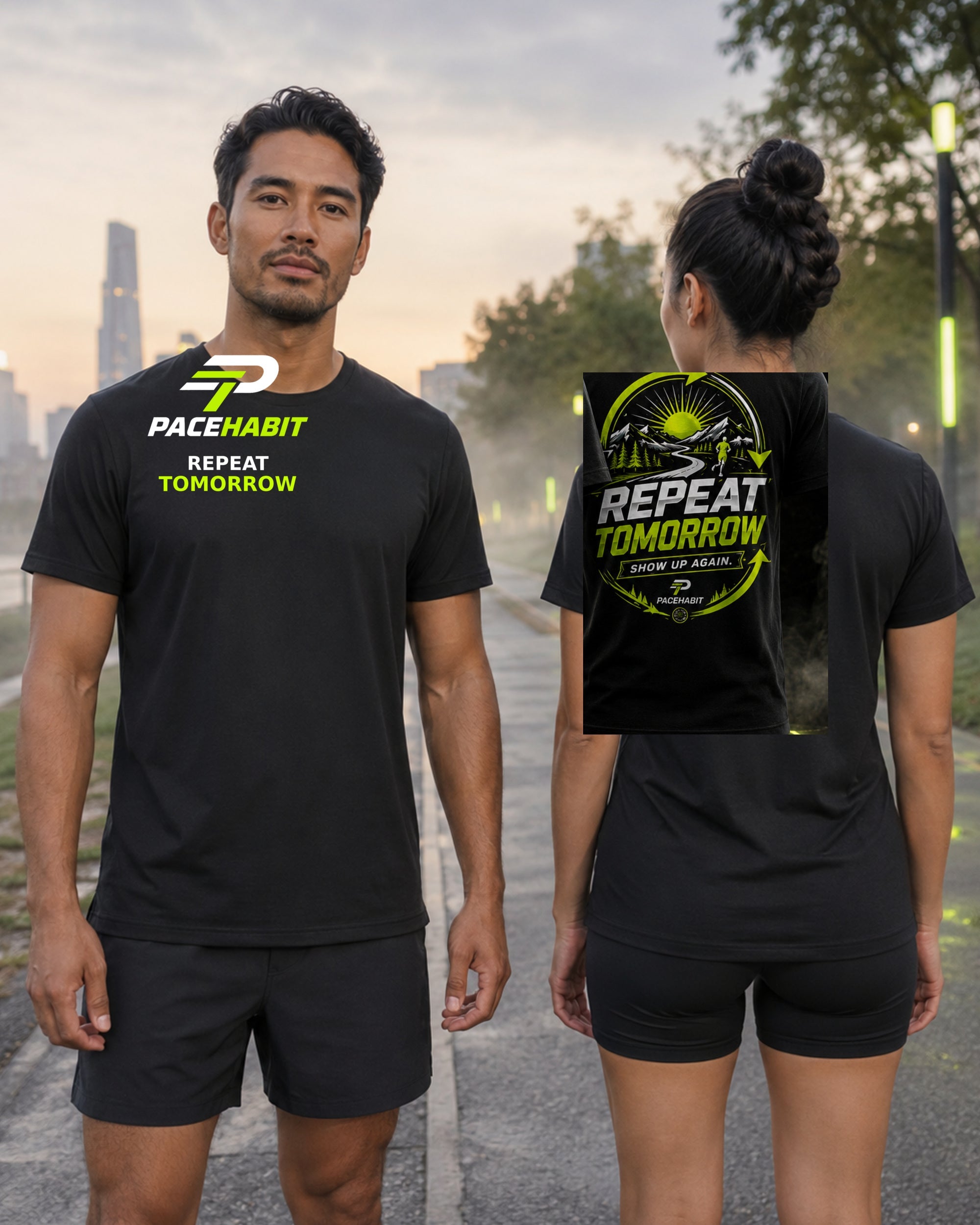 Male and female runners wearing the PACEHABIT Repeat Tomorrow Running Tee black running tee