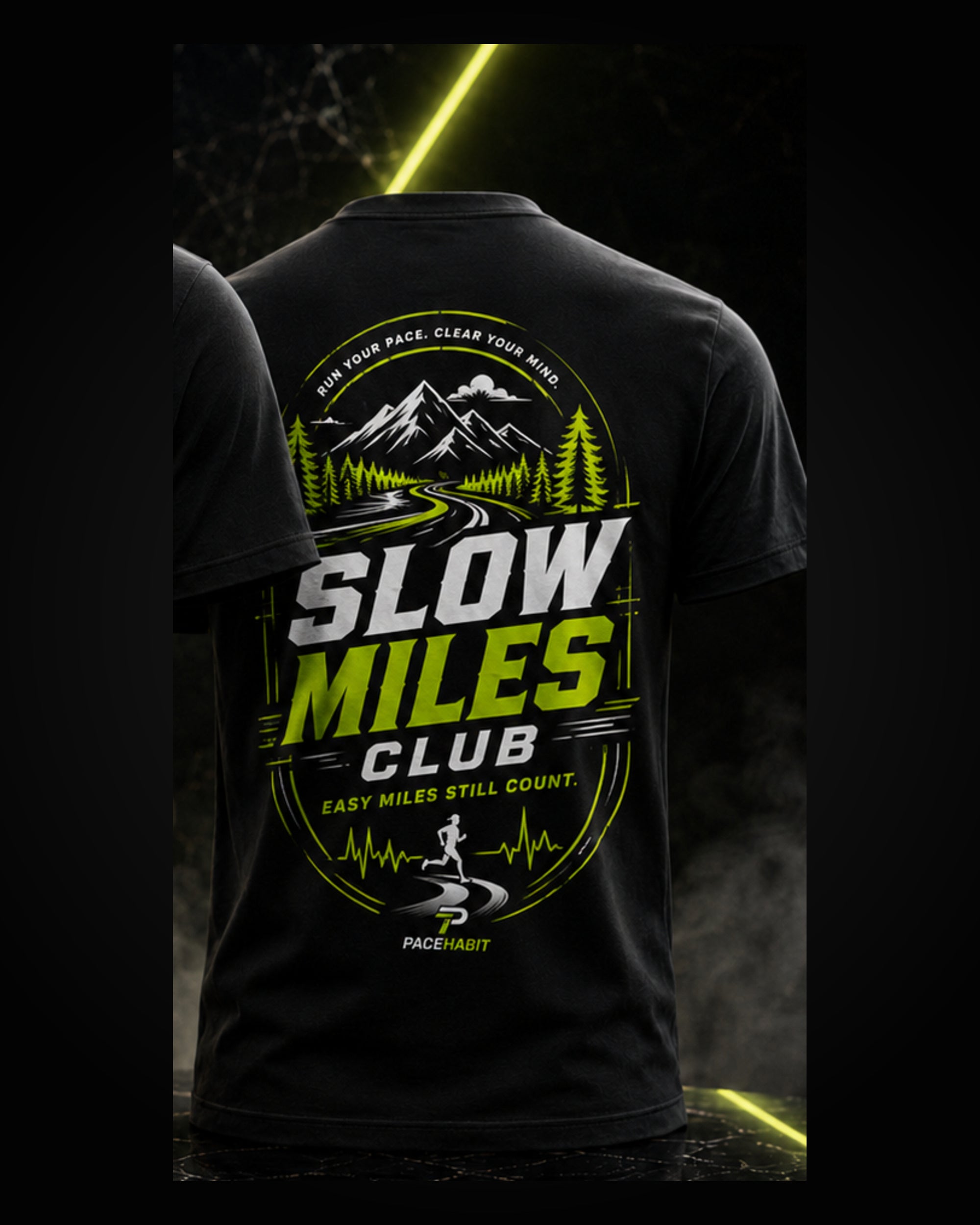 PACEHABIT Slow Miles Club Running Tee black running tee back view with full artwork