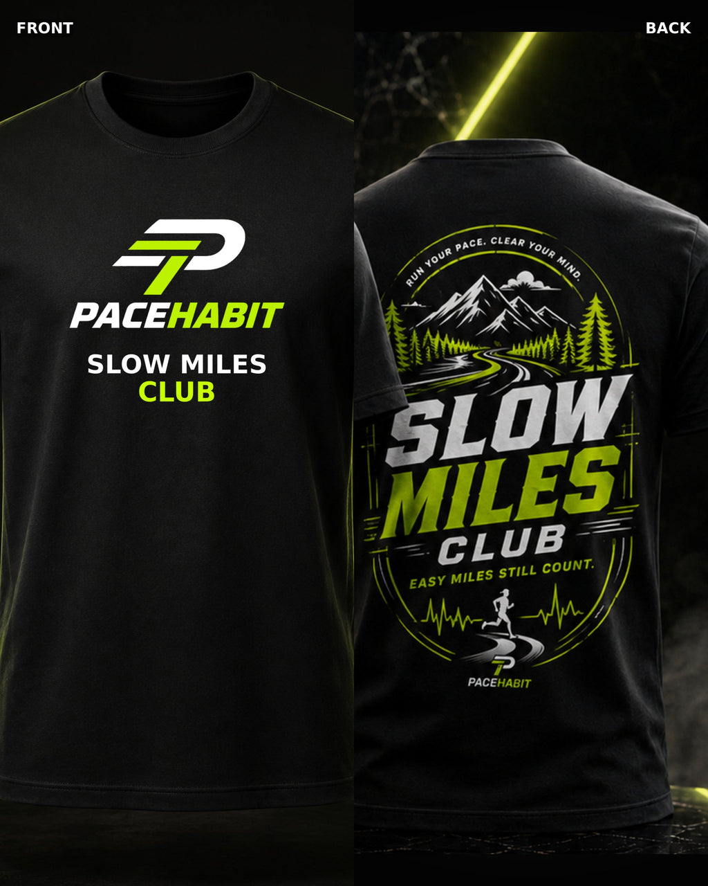 PACEHABIT Slow Miles Club Running Tee black running tee front and back product view