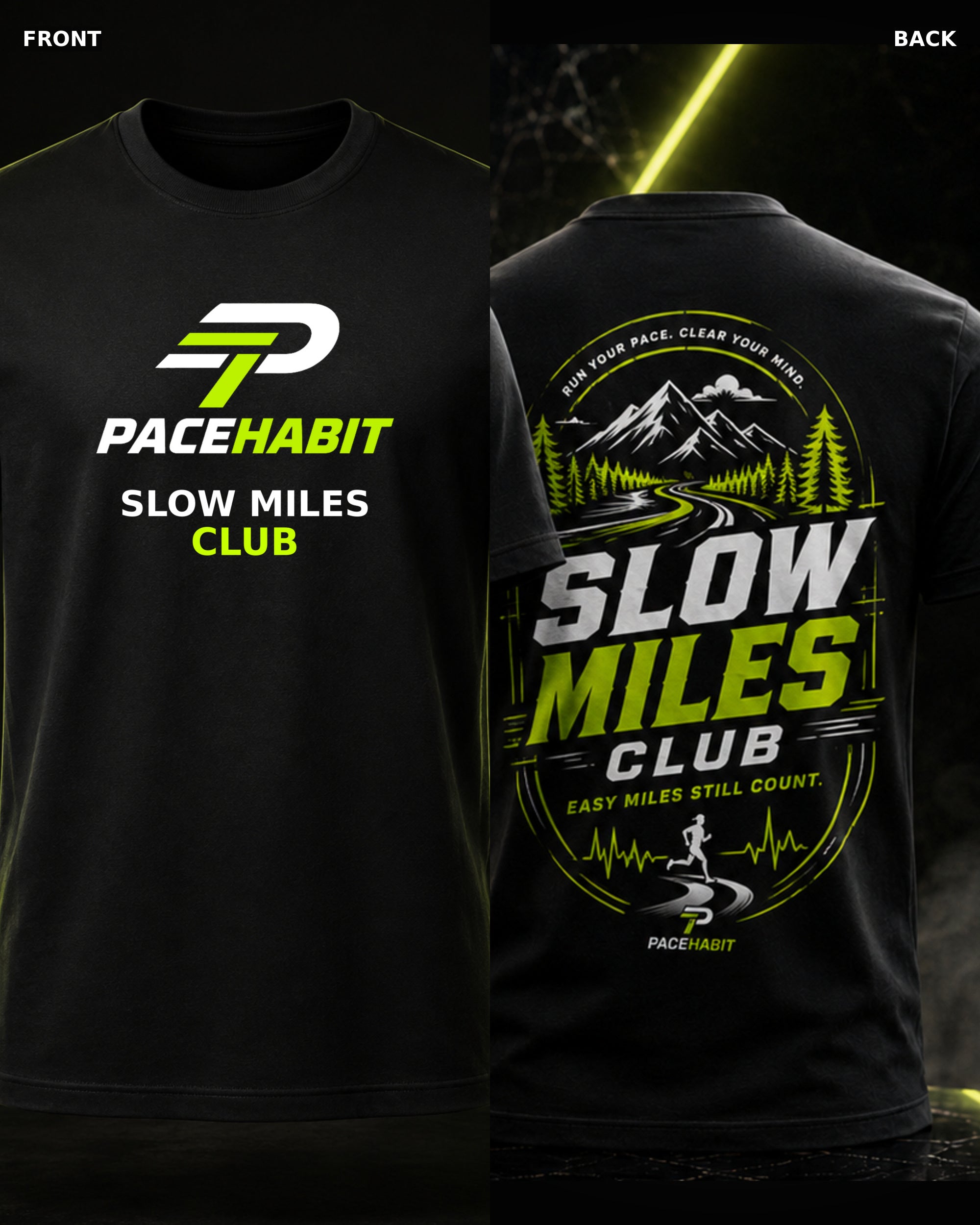 PACEHABIT Slow Miles Club Running Tee black running tee front and back product view