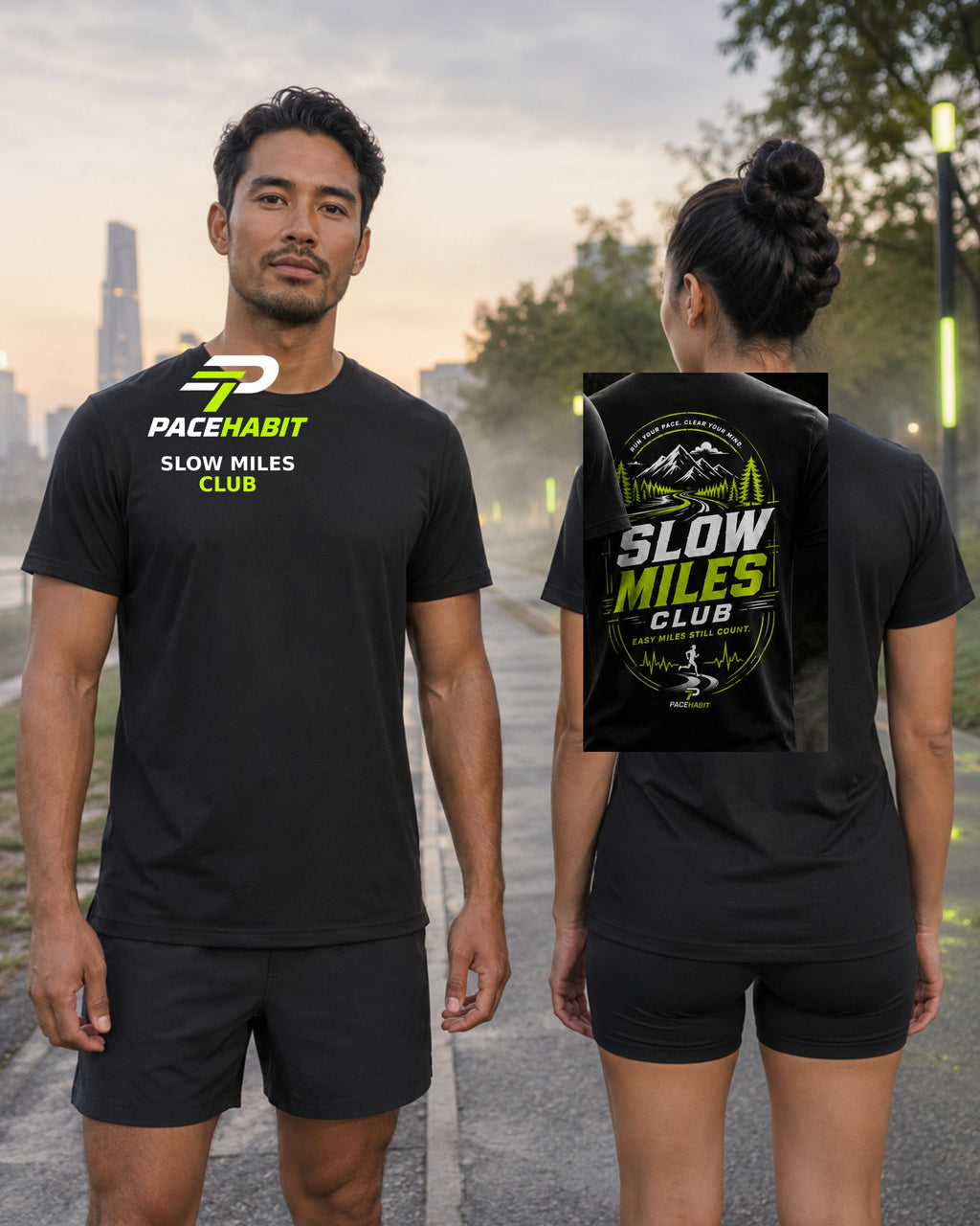 Male and female runners wearing the PACEHABIT Slow Miles Club Running Tee black running tee