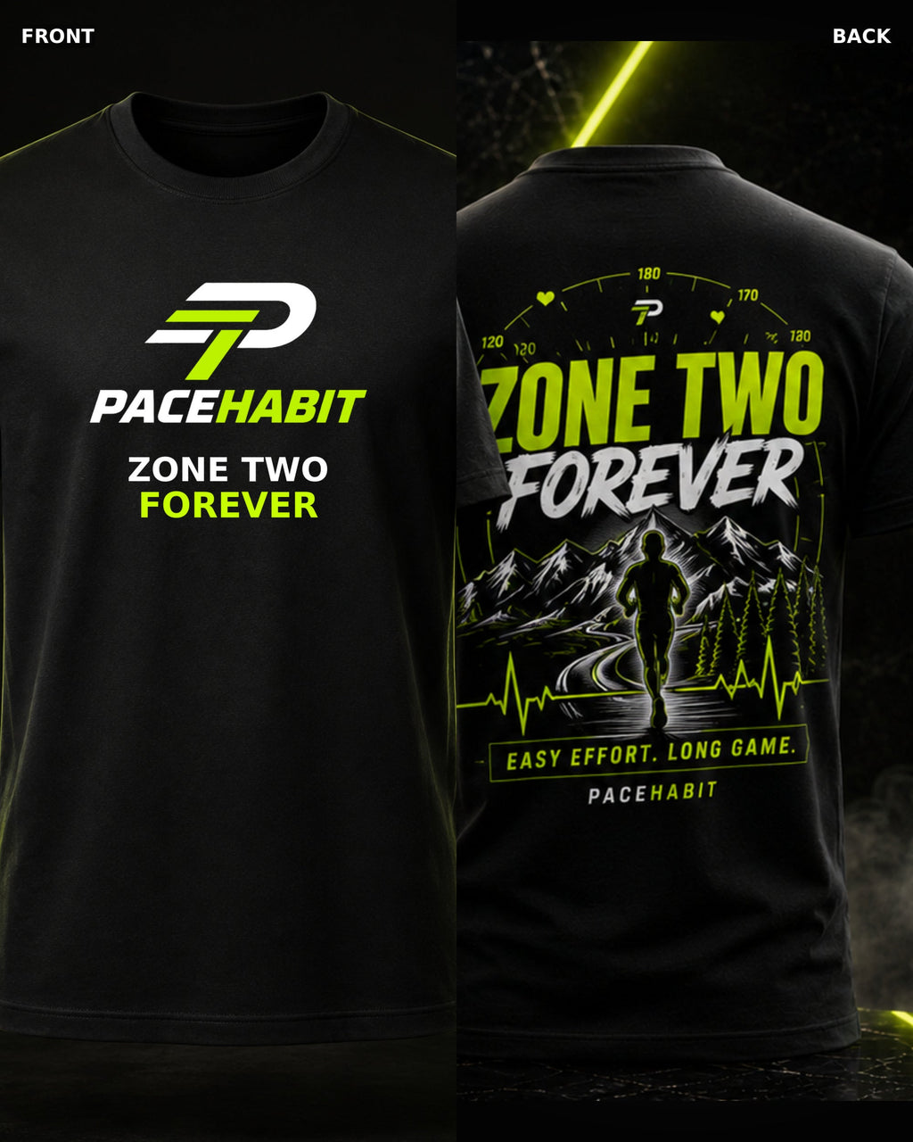 PACEHABIT Zone Two Forever Running Tee black running tee front and back product view