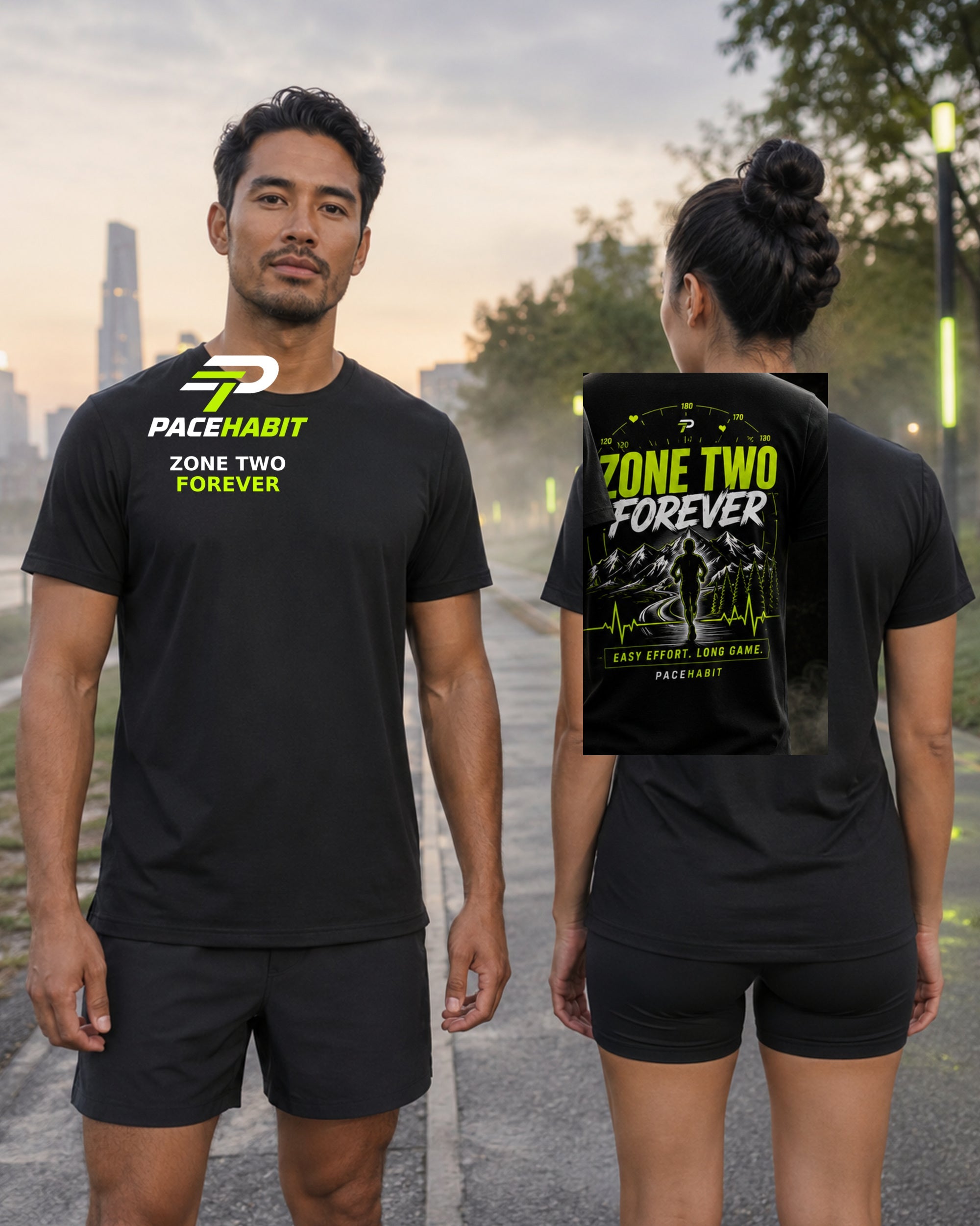 Male and female runners wearing the PACEHABIT Zone Two Forever Running Tee black running tee