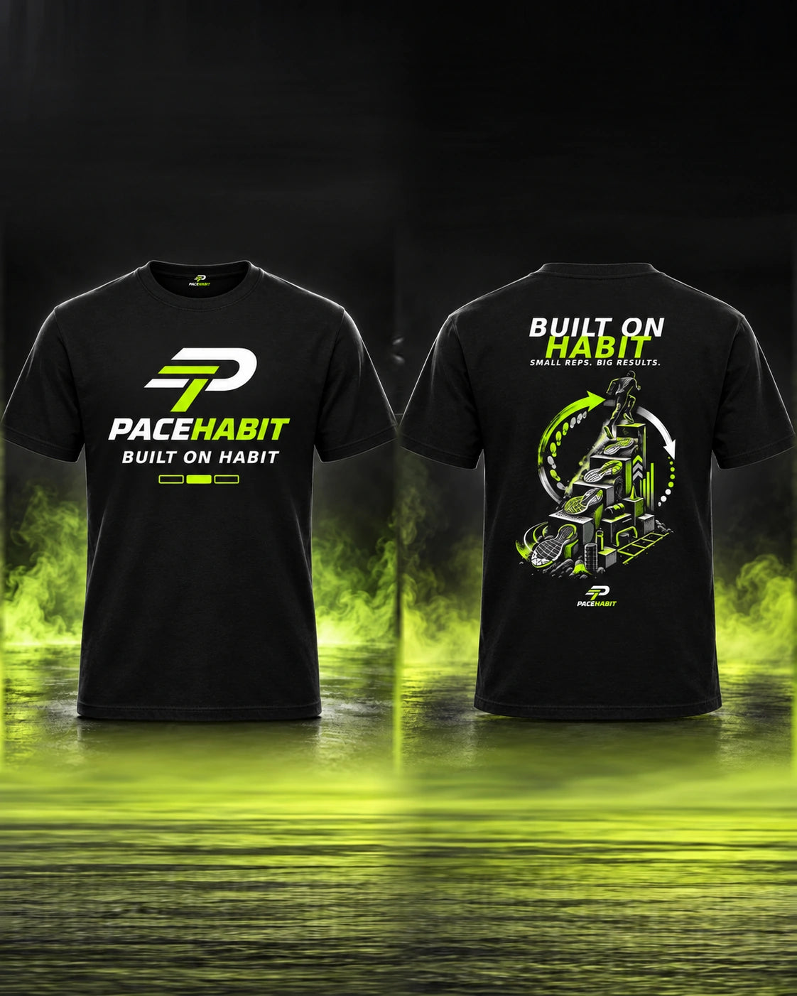 PACEHABIT Built on Habit Running Tee — front and back view