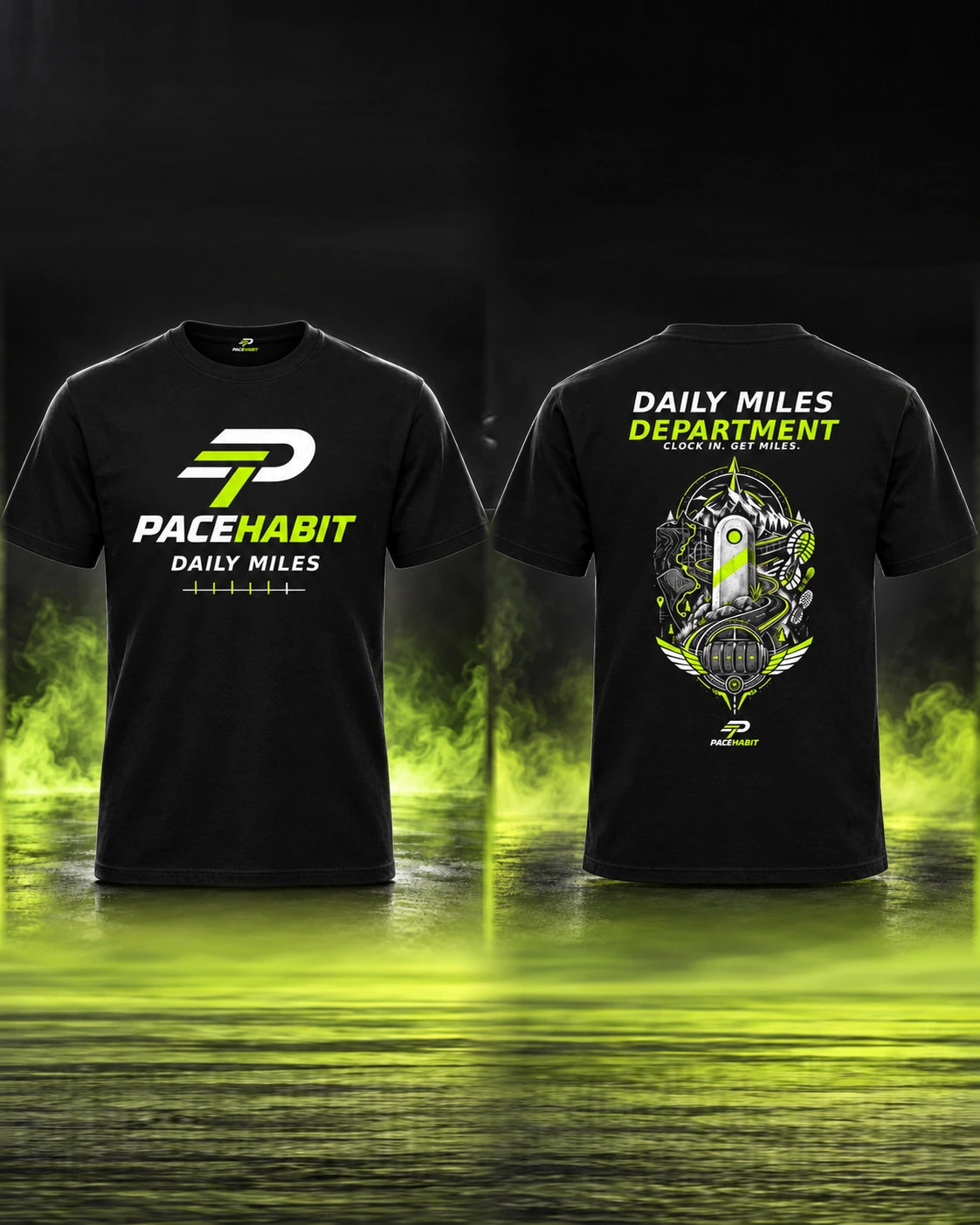 PACEHABIT Daily Miles Department Running Tee — front and back view