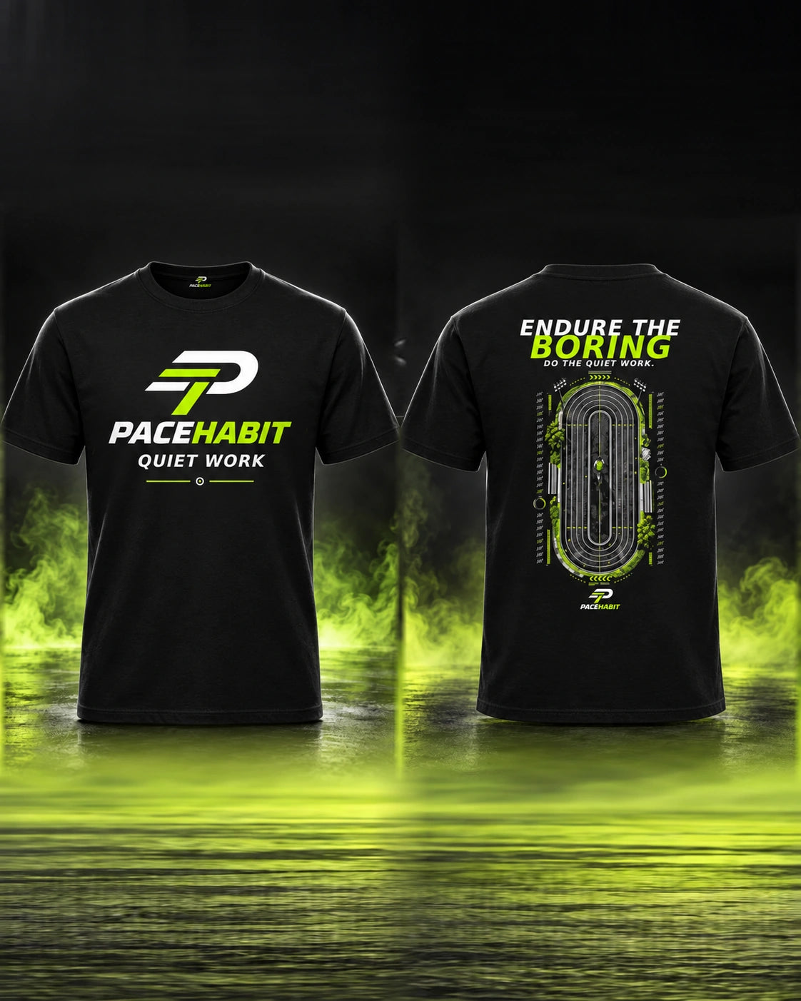 PACEHABIT Endure the Boring Running Tee — front and back view