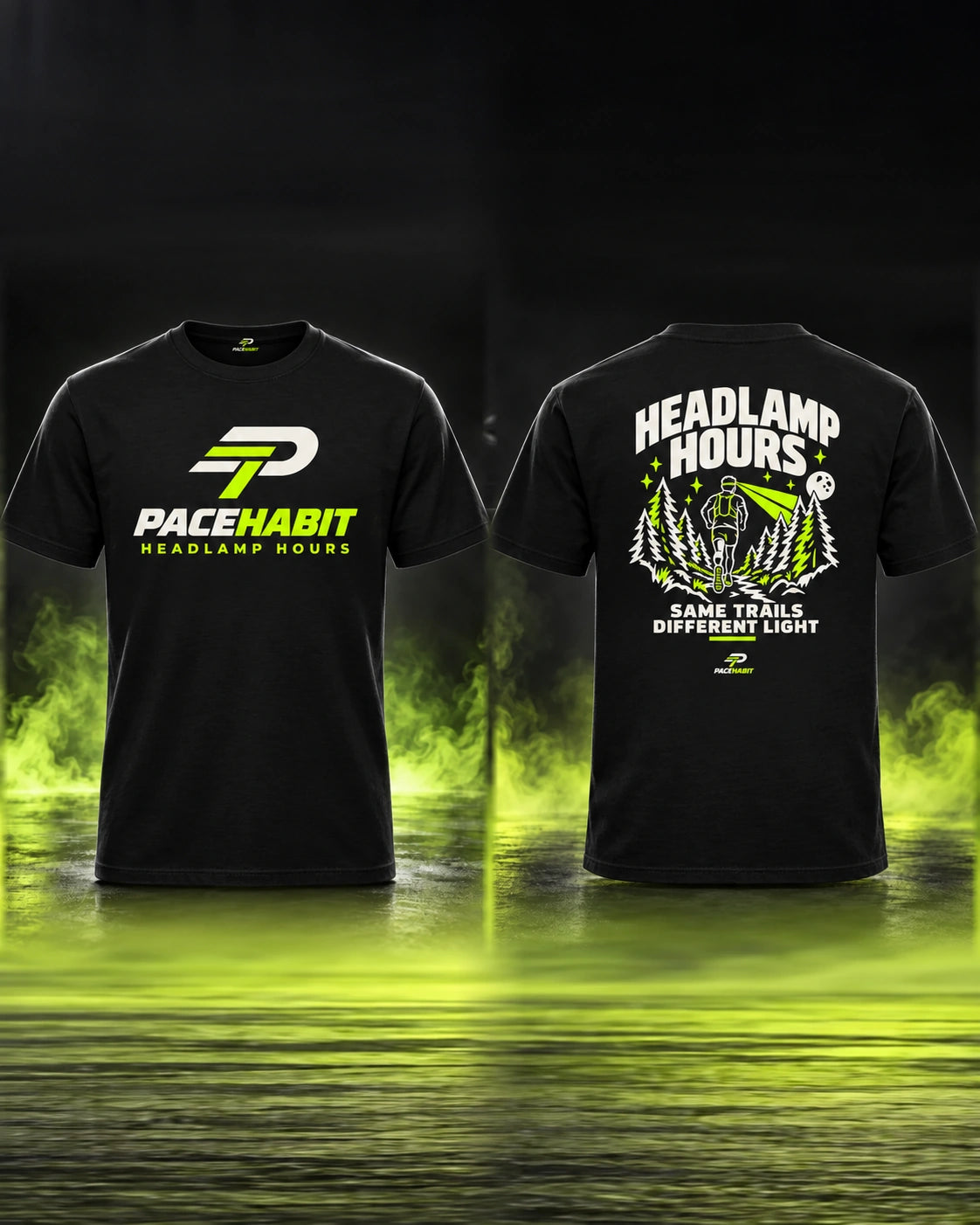 PACEHABIT Headlamp Hours Running Tee — front and back view