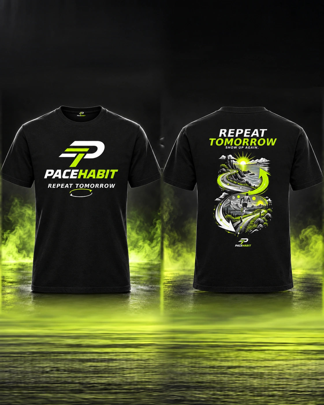 PACEHABIT Repeat Tomorrow Running Tee — front and back view