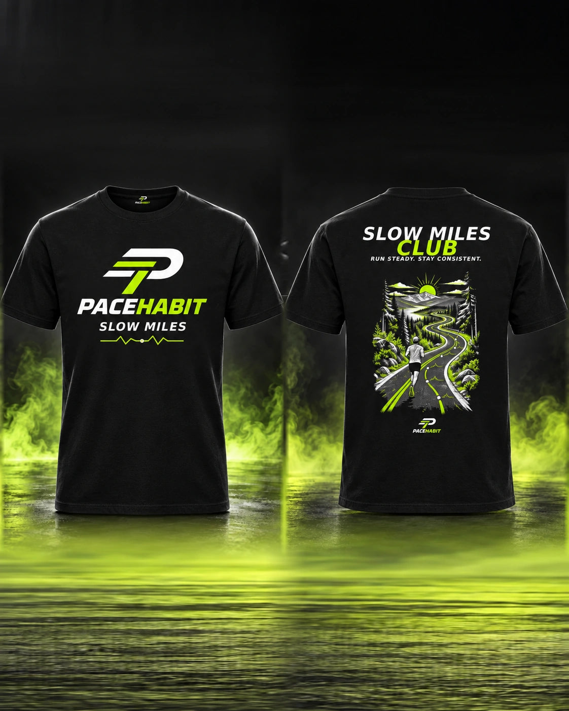 PACEHABIT Slow Miles Club Running Tee — front and back view